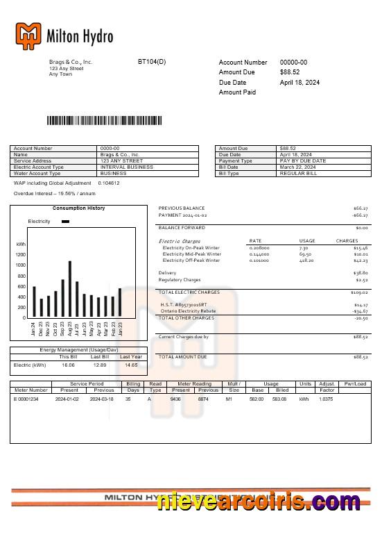 Canada Milton Hydro electricitybusiness utility bill